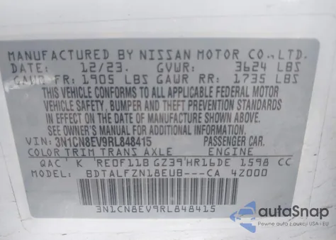 2024 Nissan Versa 1.6 Sv из США, поврежденный, VIN 3N1CN8EV9RL848415